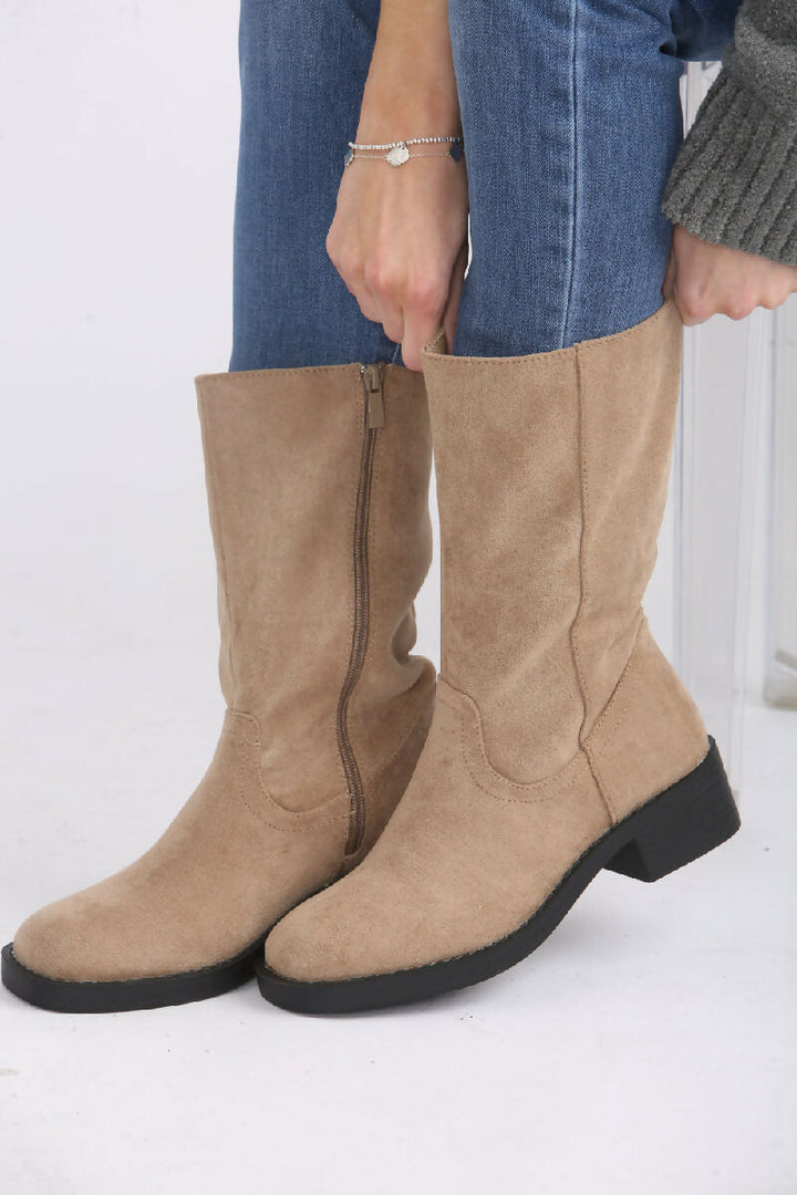 Camel Suede Designer Calf High Flat Boot (PACK OF 12 PAIRS UK3-UK8) - jqwholesale.com