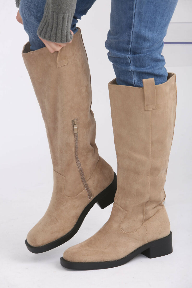 Camel Suede Designer Knee High Flat Boot (PACK OF 12 PAIRS UK3-UK8) - jqwholesale.com