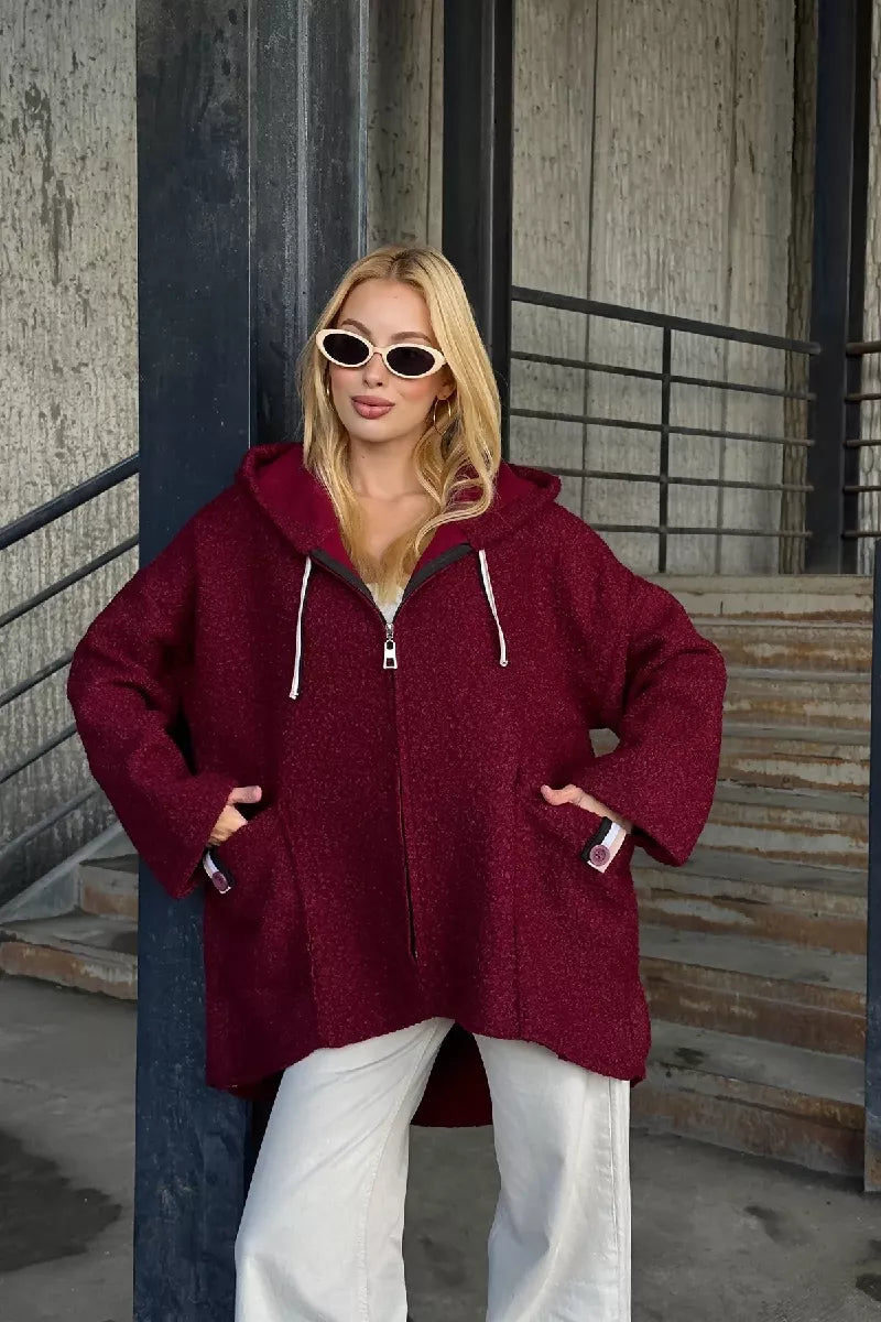Cozy Zip-Up Teddy Hooded Jacket in Burgundy