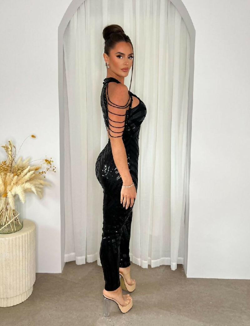 (5-6P.PACK) Shadow Luxe Black High Neck Beaded Sequin Illusion Jumpsuit