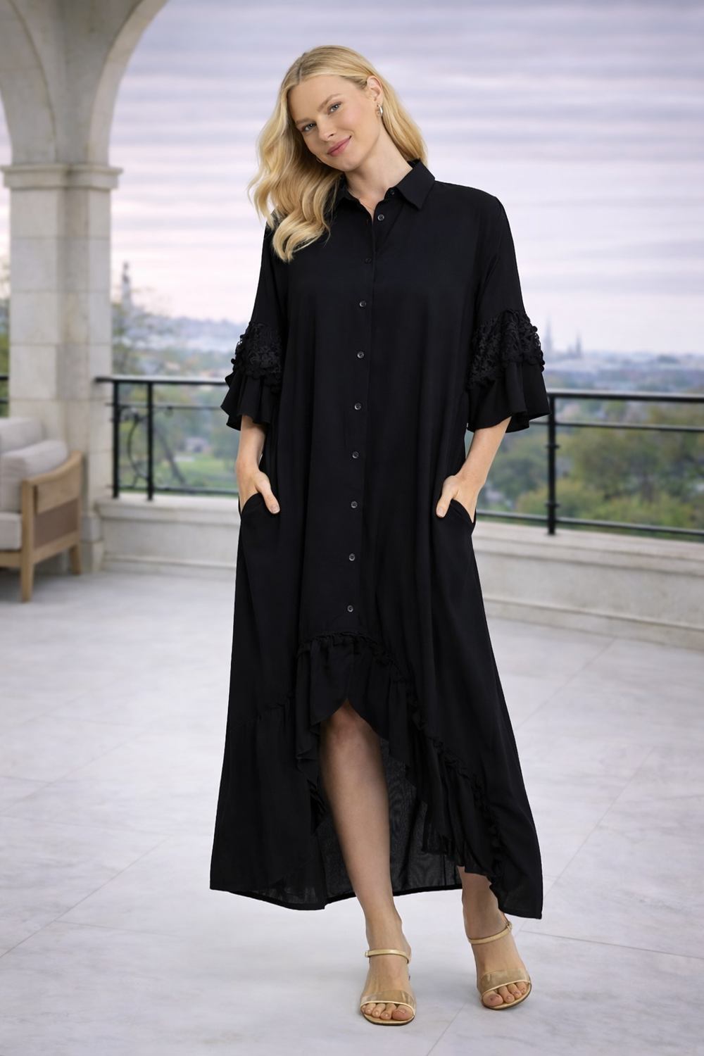 Button Front Midi Shirt Dress with Lace Sleeve Detail in Black - jqwholesale.com