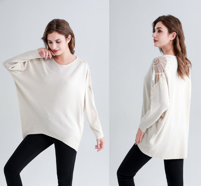 (2P.PACK) Diamante Pearl Shoulder Detail Knit - jqwholesale.com