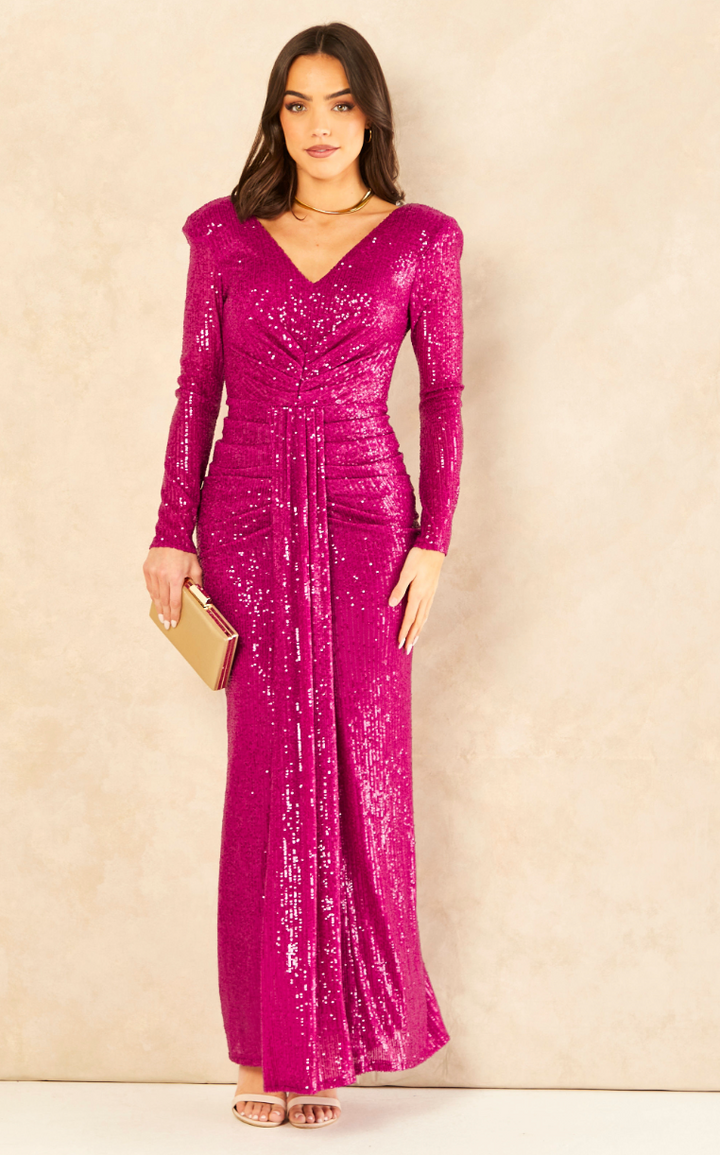Long sleeve Pink Sequin Maxi Dress - jqwholesale.com