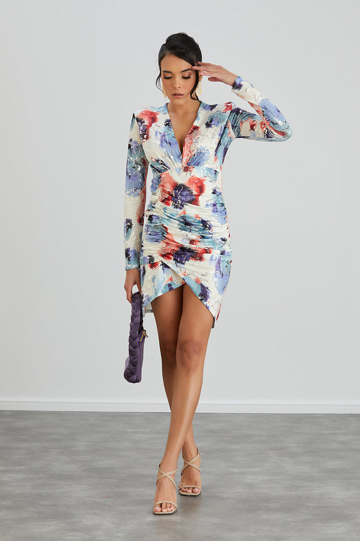 Silk Blue Long Sleeve Mini Dress - jqwholesale.com