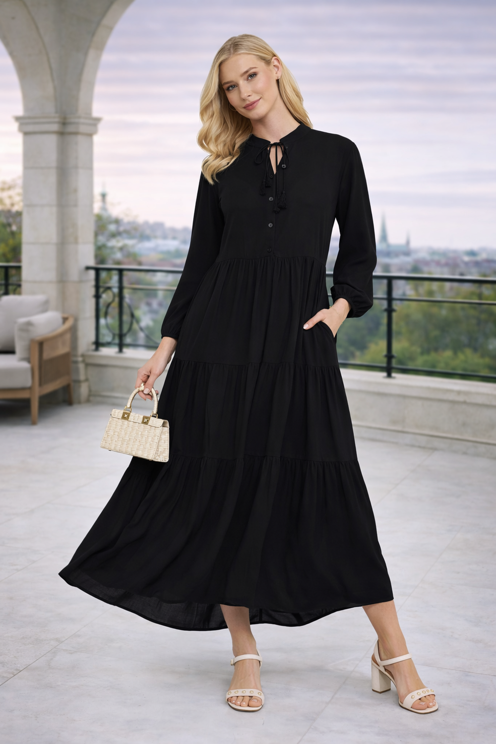 Tiered Maxi Dress with Tie Neck Detail in Black - jqwholesale.com