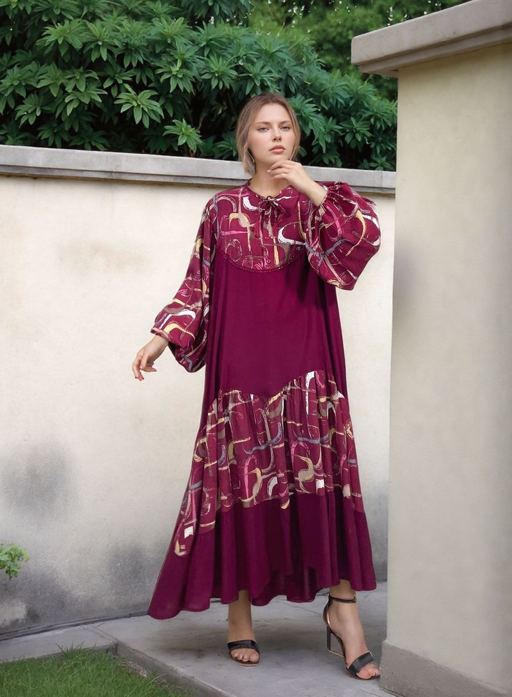 Abstract Panel Maxi Dress in Burgundy - jqwholesale.com