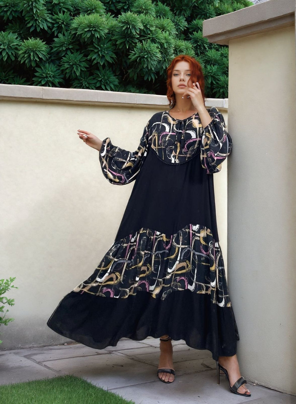 Abstract Panel Maxi Dress in Black - jqwholesale.com