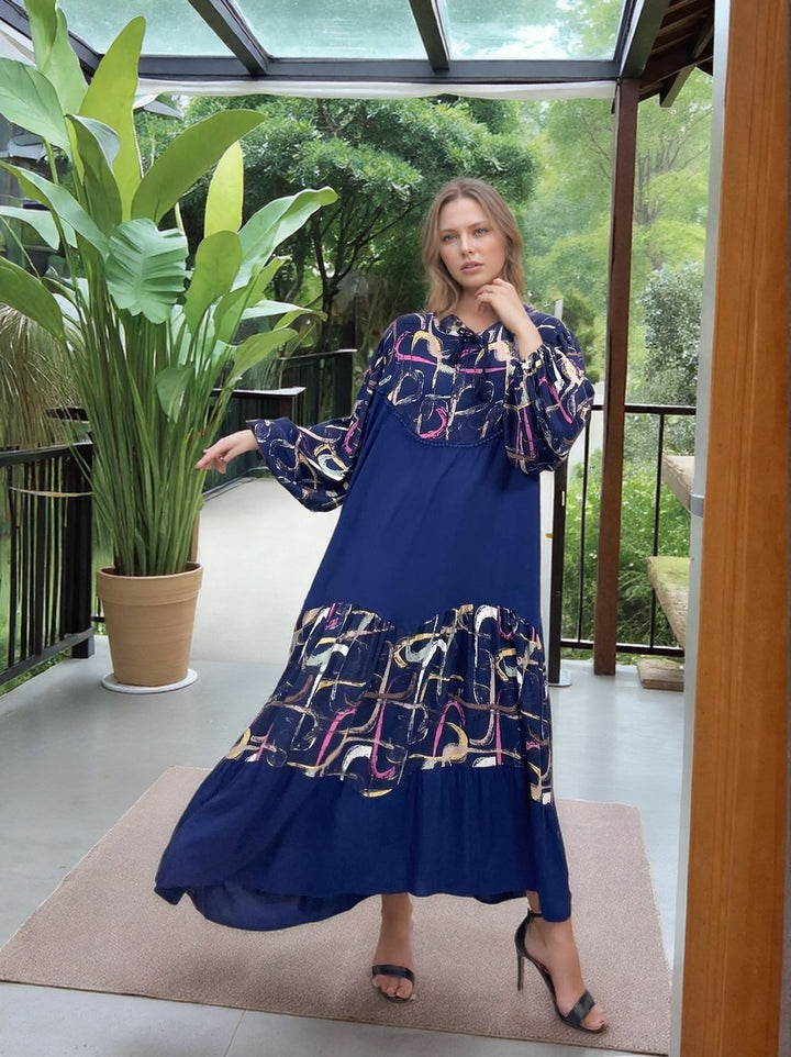 Abstract Panel Maxi Dress in Navy Blue - jqwholesale.com