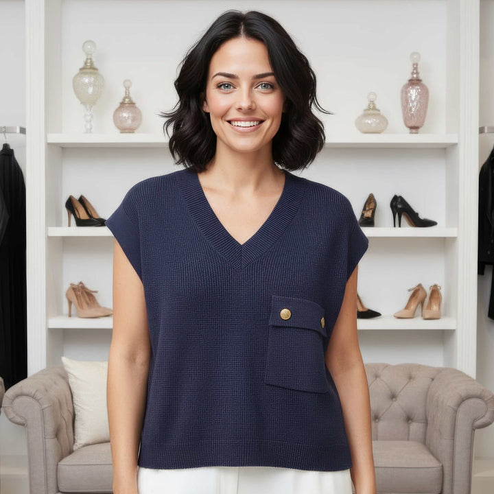 V Ribbed Pocket Sleeveless Knit - jqwholesale.com