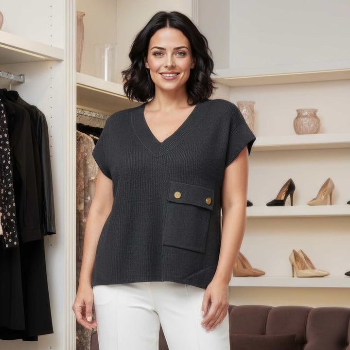 V Ribbed Pocket Sleeveless Knit - jqwholesale.com