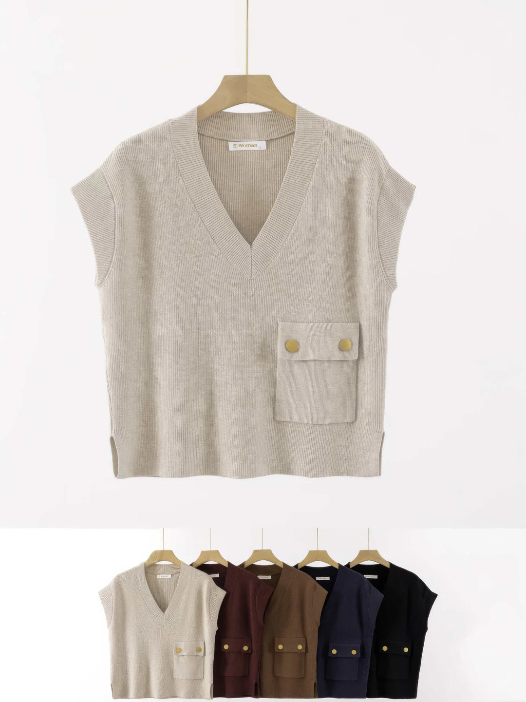 V Ribbed Pocket Sleeveless Knit - jqwholesale.com