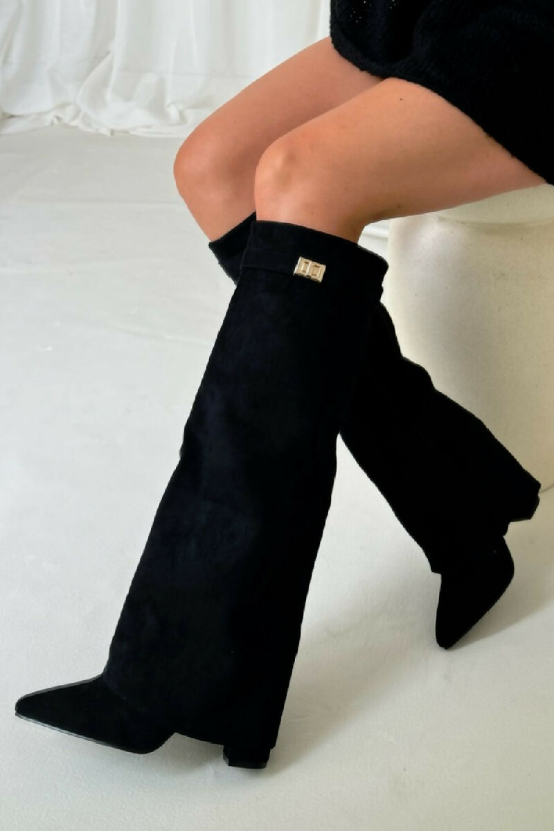 BLACK SUEDE FOLD OVER BUCKLE DETAIL FULL INSIDE ZIP BLOCK HEEL KNEE HIGH SHARK BOOTS (PACK OF 12 PAIRS UK3-UK8) - jqwholesale.com