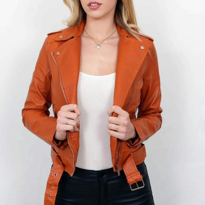 (4P.PACK) Plain Leather Look Biker Jacket – Tan