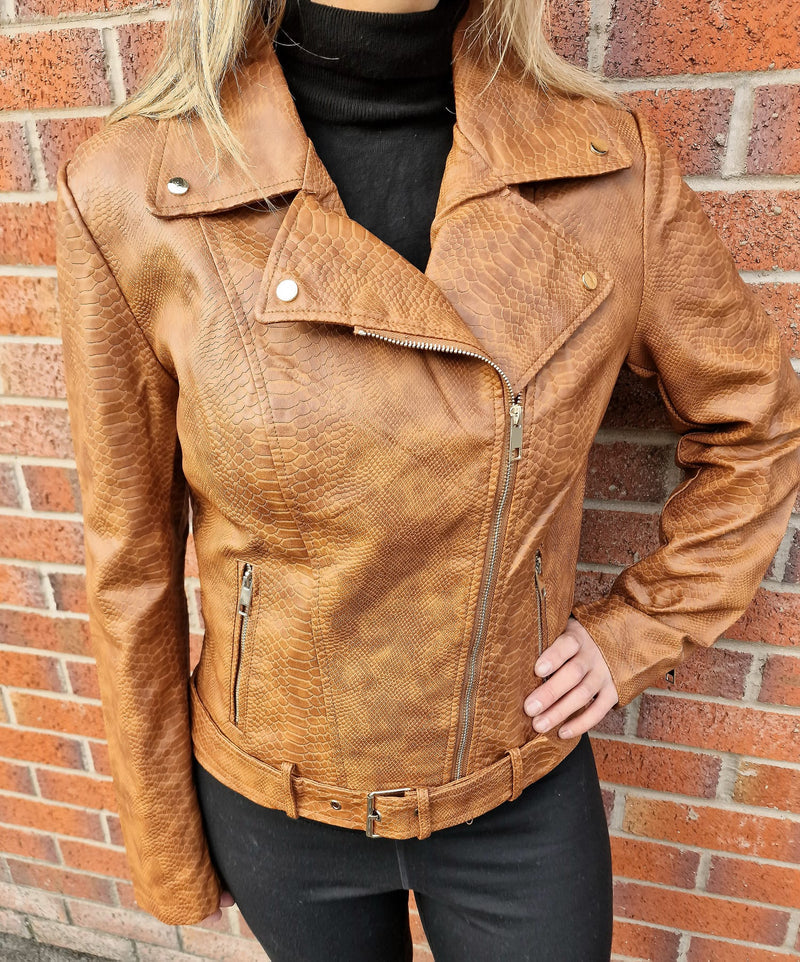 (4P. PACK) Tan Brown Biker Moc Croc Leather Look Jacket