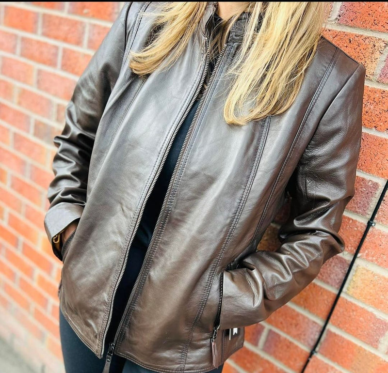 Chocolate Real Leather Mandarin Collar Jacket - jqwholesale.com