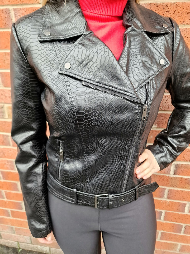 (4P.PACK) Black Biker Moc Croc Leather Look Jacket