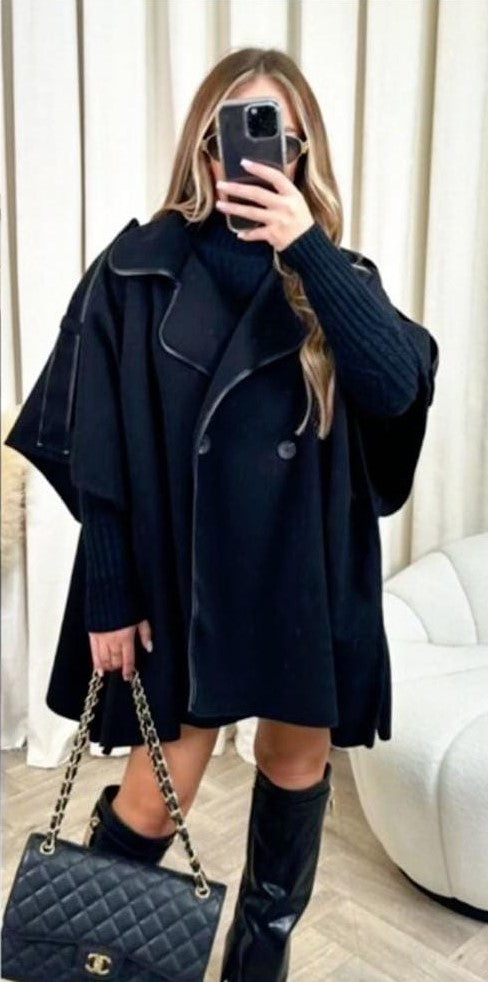 Vegan Leather Trim Button Cape - jqwholesale.com