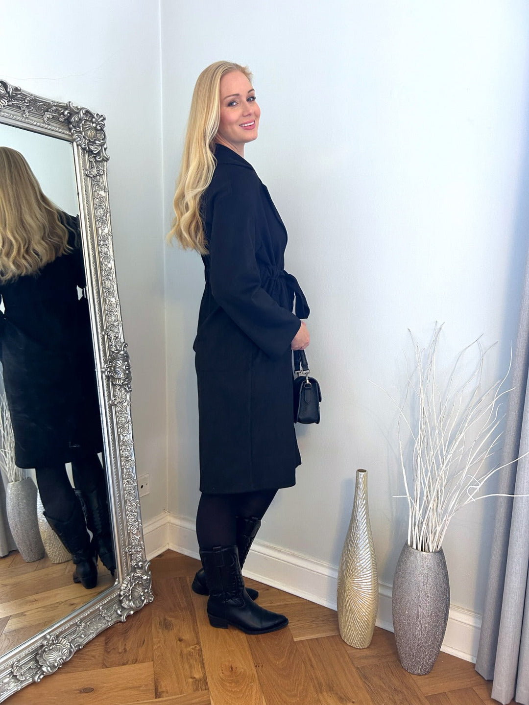 Suede Wrap Trench Coat in Black - jqwholesale.com