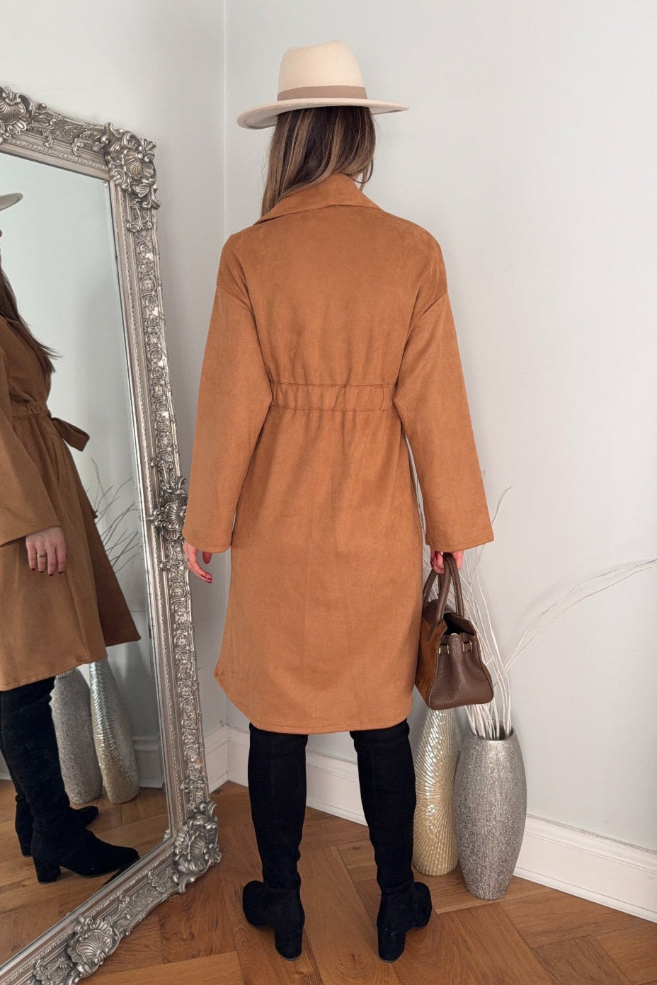 Suede Wrap Trench Coat in Camel - jqwholesale.com