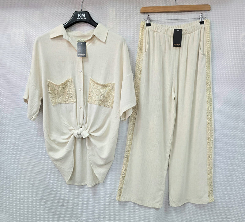 Linen Cotton Gold Trim Detail Shirt