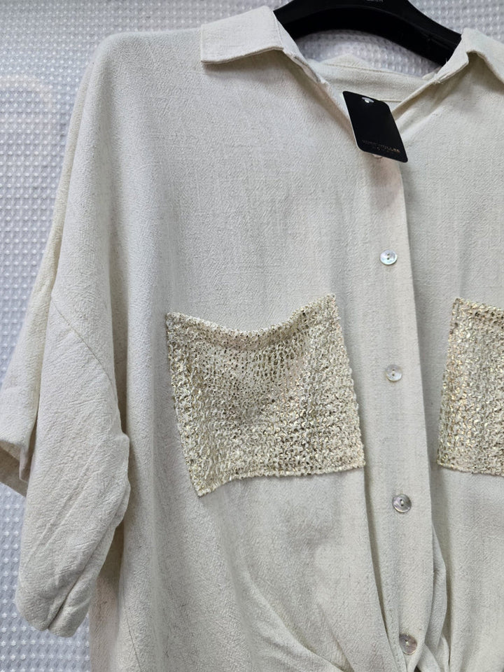 Linen Cotton Gold Trim Detail Shirt