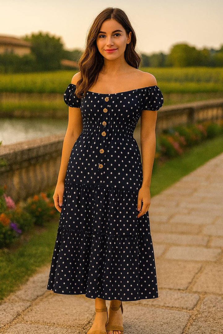Polka Dot Bardot Maxi Dress - jqwholesale.com