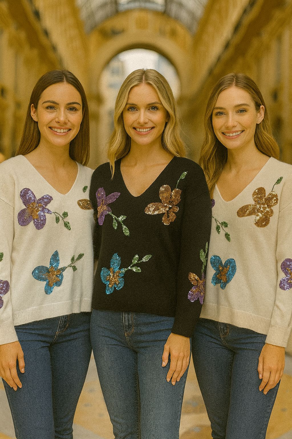 Amelia Wool Blend Sequin Floral V Neck - jqwholesale.com