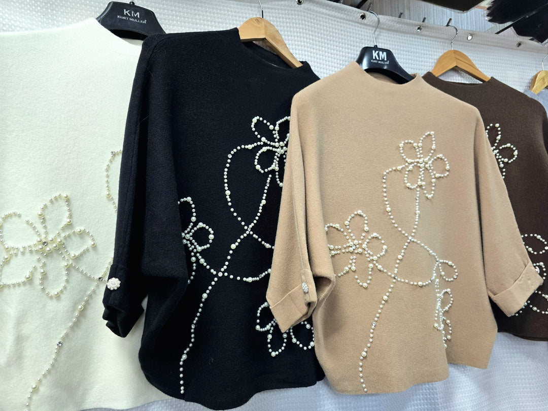 Floral Pearl Embellished Turtle Knit - jqwholesale.com