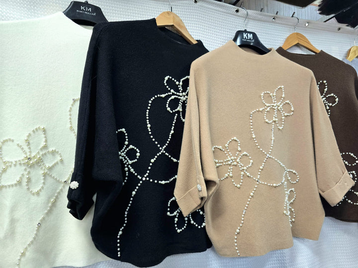 Floral Pearl Embellished Turtle Knit - jqwholesale.com