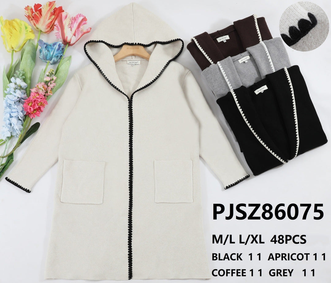 Hooded Contrast Trim 2 pocket Coatigan (2p.pack) - jqwholesale.com