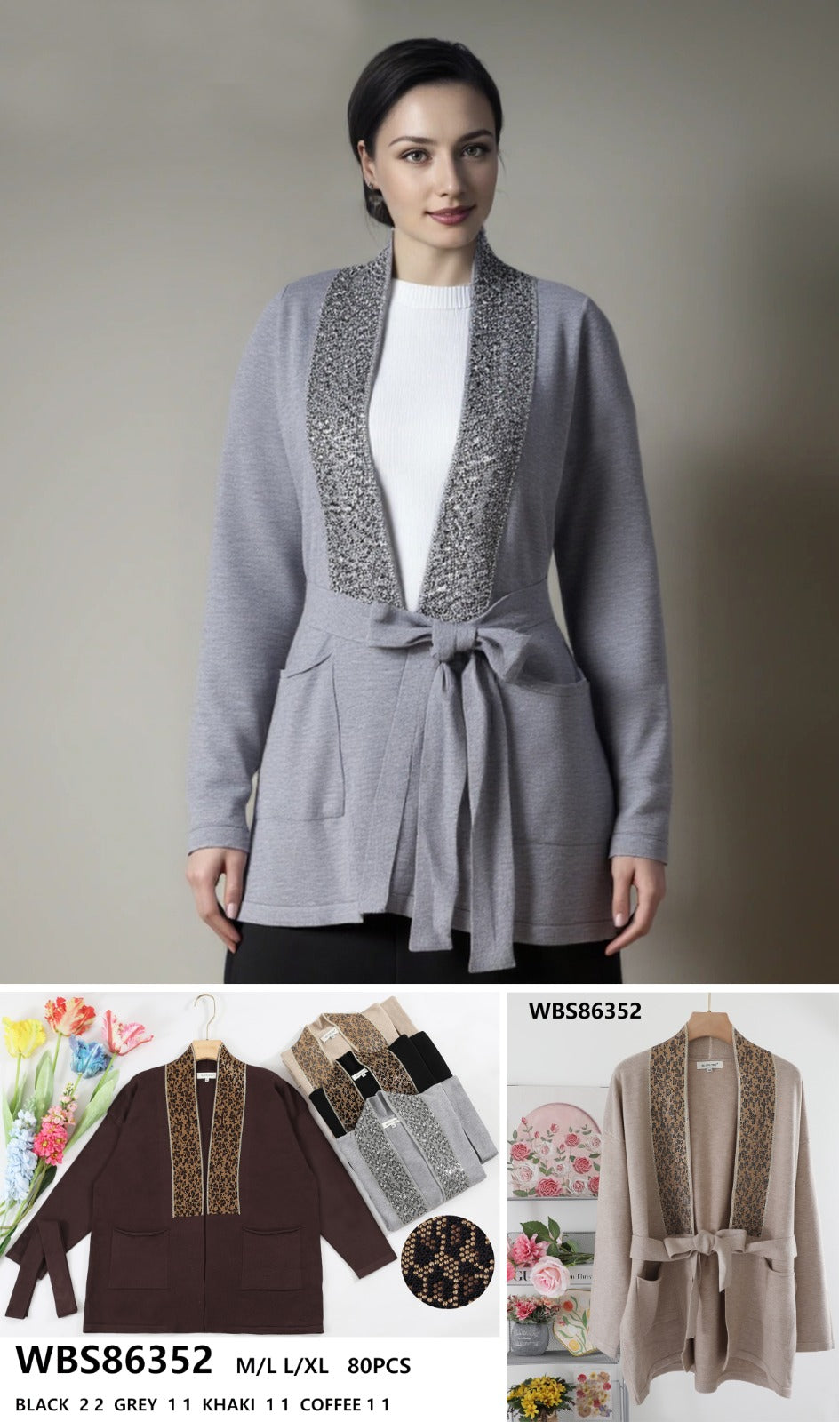 Diamante✨️Leopard Trim Belted Pocket Cardigan (2p.pack) - jqwholesale.com