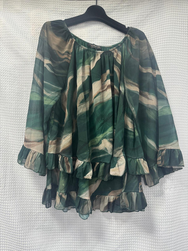 Marble Print Frill Edge Hem Blouse - jqwholesale.com