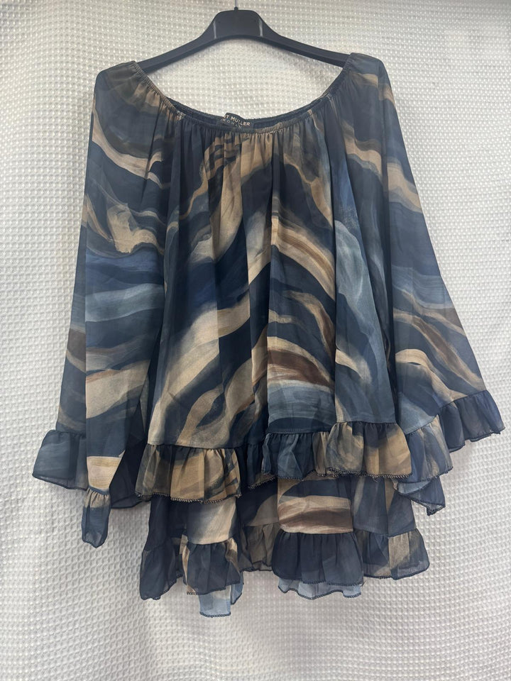 Marble Print Frill Edge Hem Blouse - jqwholesale.com