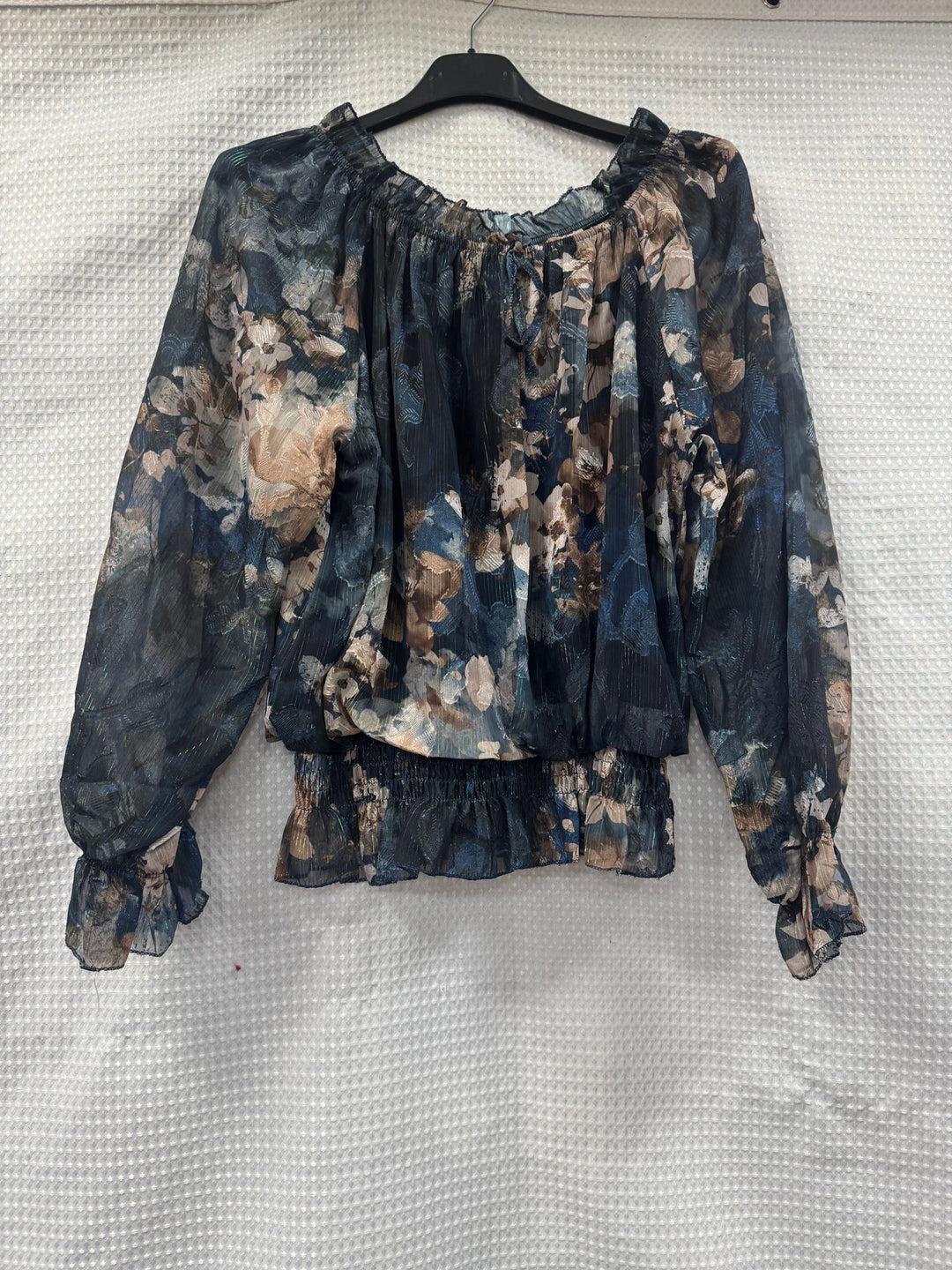 Floral Lurex Print Bardot Blouse - jqwholesale.com
