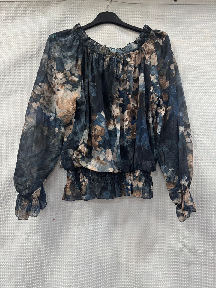 Floral Lurex Print Bardot Blouse - jqwholesale.com