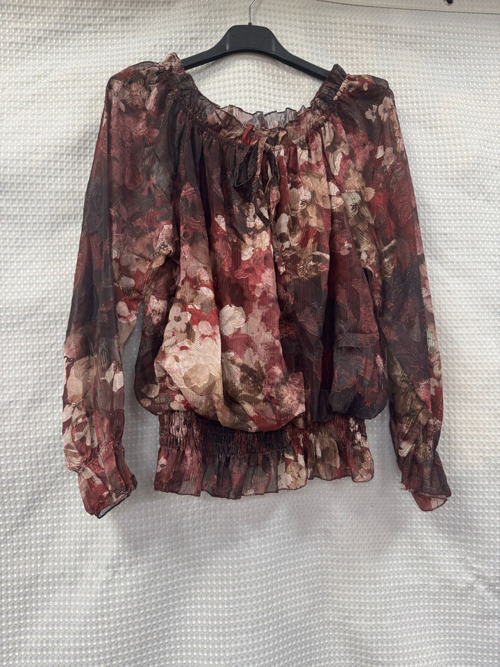 Floral Lurex Print Bardot Blouse - jqwholesale.com