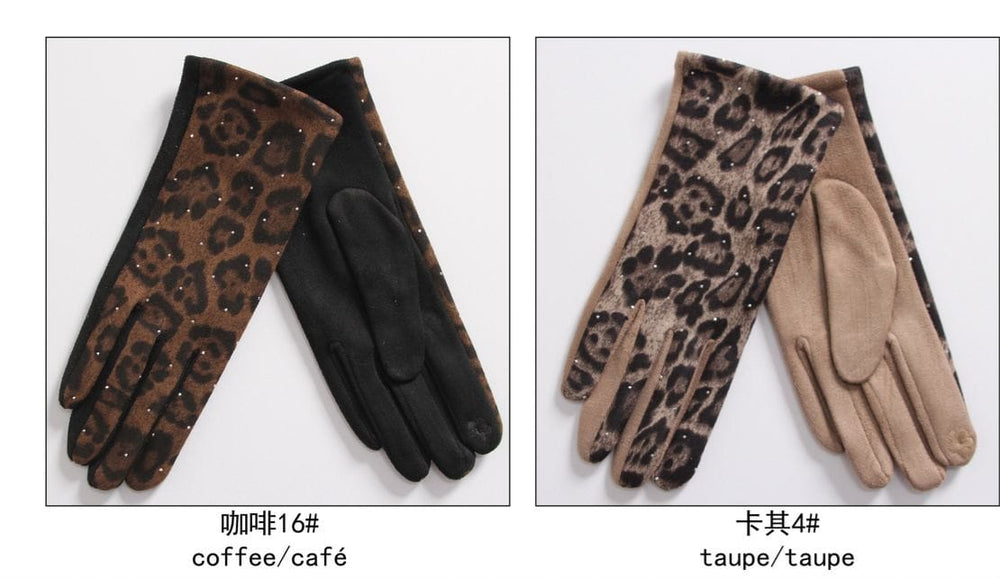 Soft Suedette Leopard Crystal gloves - jqwholesale.com