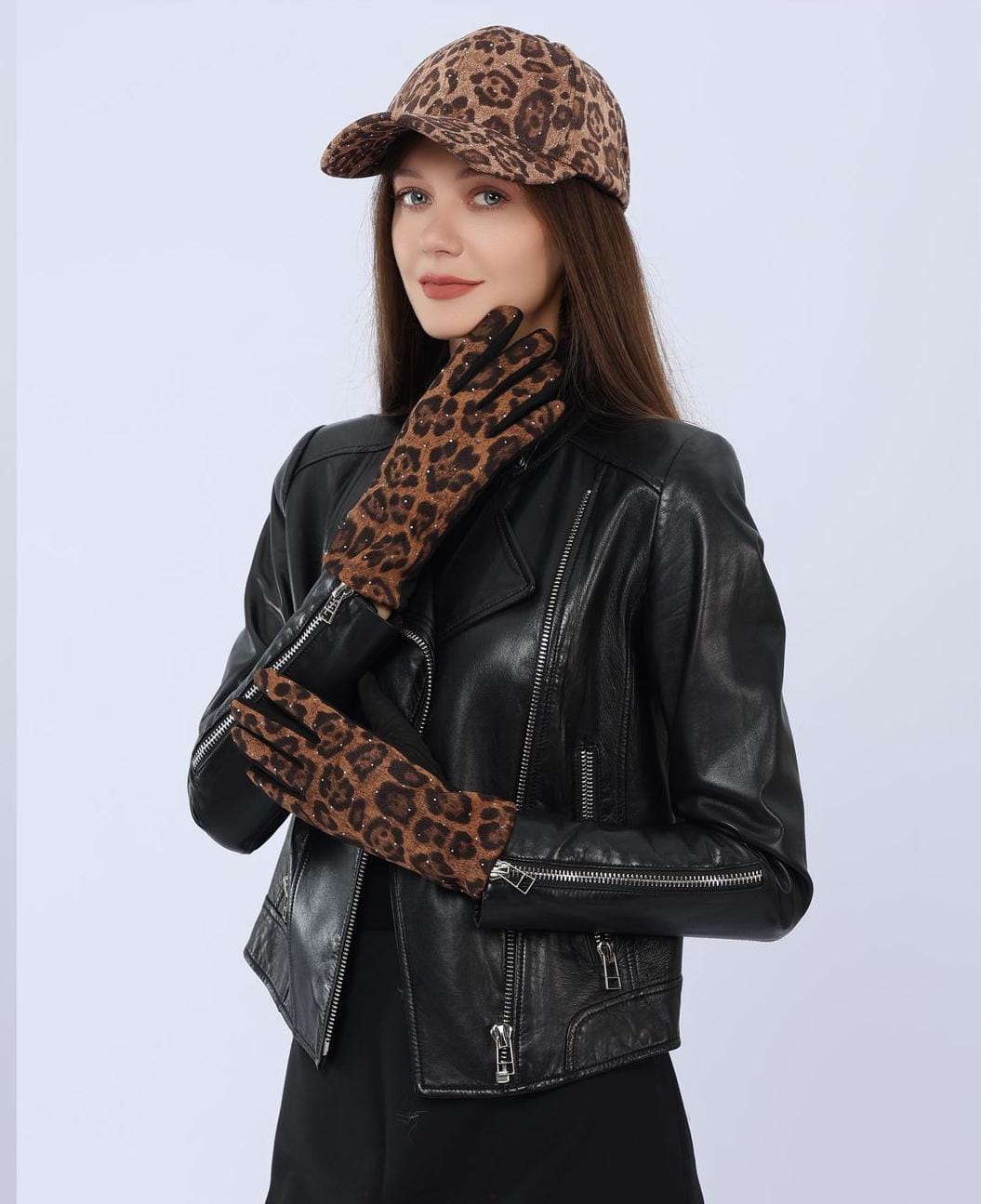 Soft Suedette Leopard Crystal gloves - jqwholesale.com