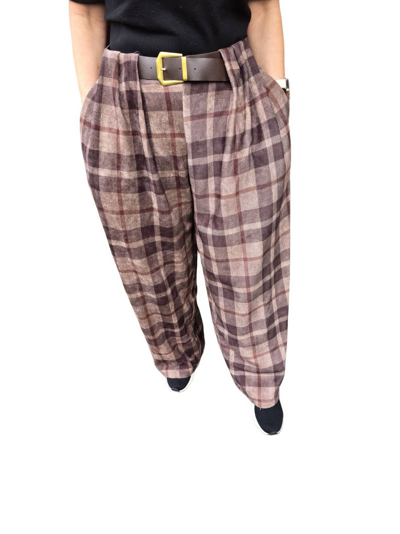 Check Print Barrel Velvet Cord Trousers - jqwholesale.com