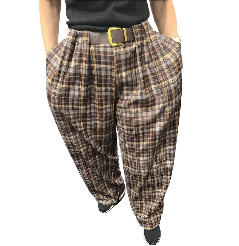 Check Print Barrel Velvet Cord Trousers - jqwholesale.com