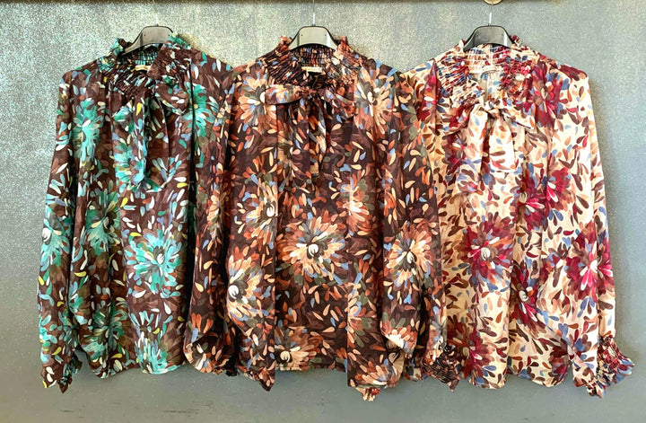 Oversized Drop sleeve floral Bow Tencel Blouse - jqwholesale.com