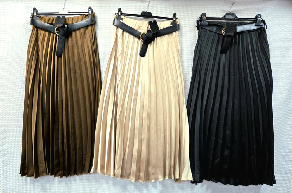 Sateen Pleated Belted Midaxi Skirt - jqwholesale.com