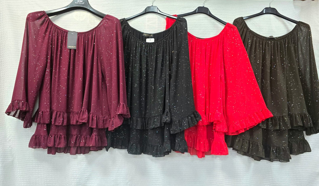 Shimmer Frill Layered Bardot Tunic Top