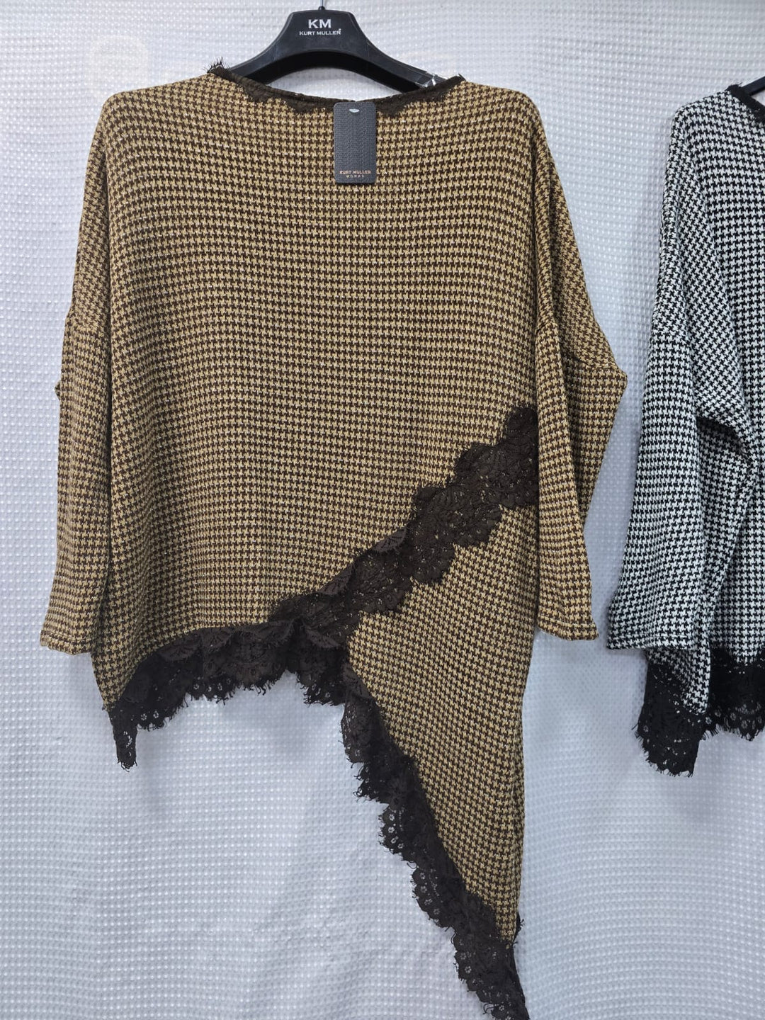 Check Asymmetric Lace Trim Tunic Top