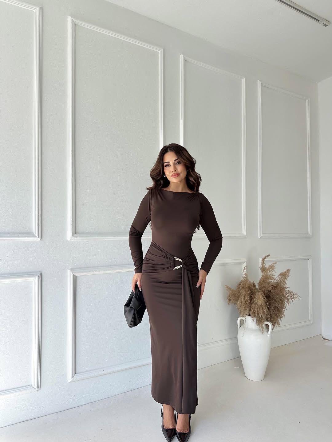 Elegant Draped Ring Detail Maxi Dress – Chocolate