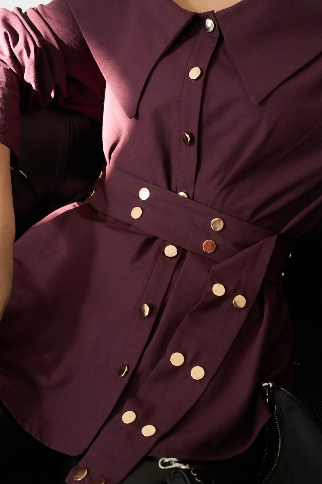 Asymmetric Button Detail Shirt – Burgundy