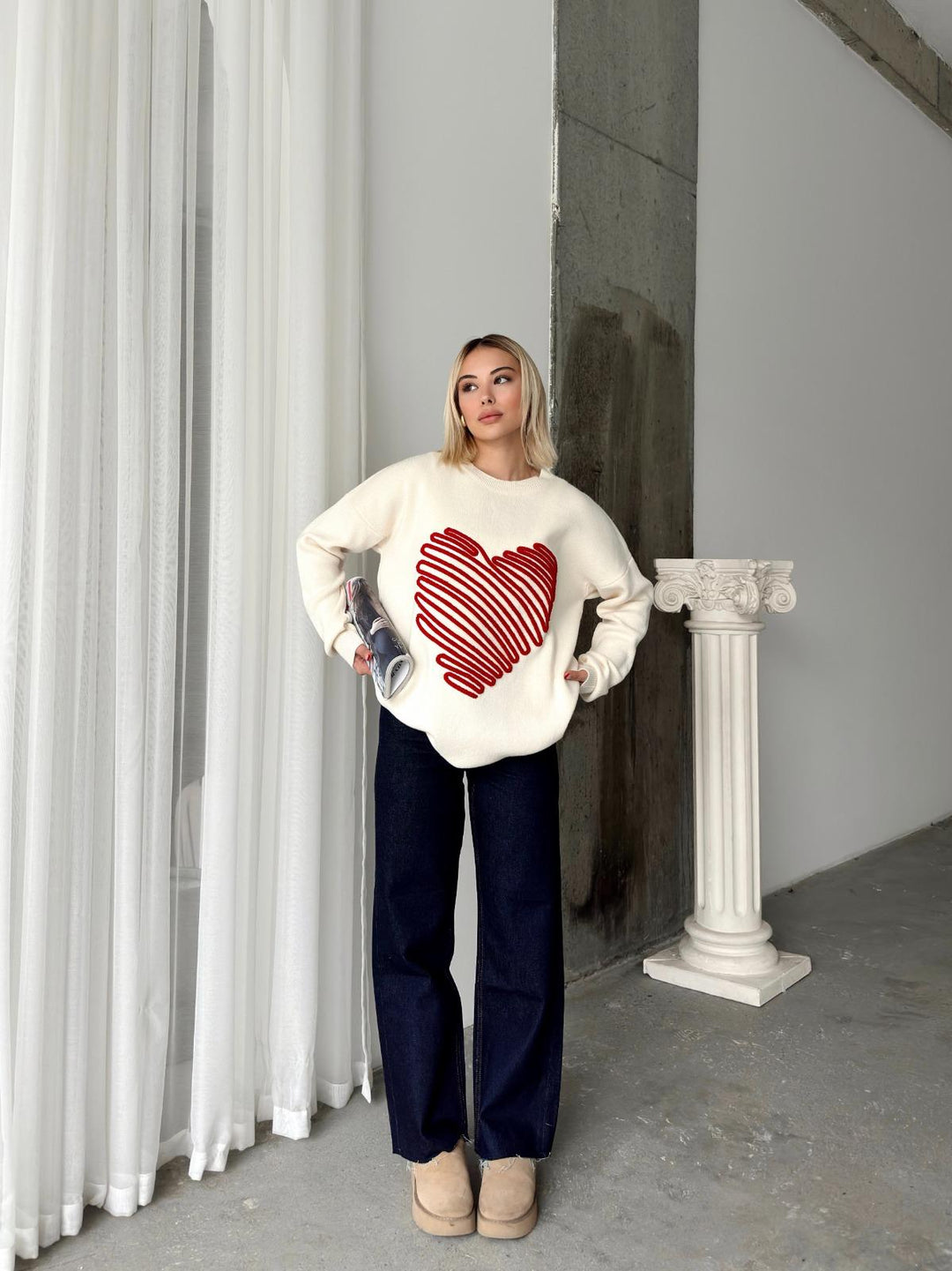 Heart Motif Knit Jumper in Ecru & Red