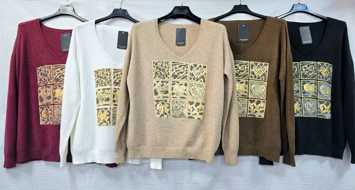 Heart Diamante V Neck Fine Knit