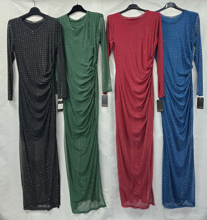 Stacey Mesh Diamante Stud Side Split Maxi Dress