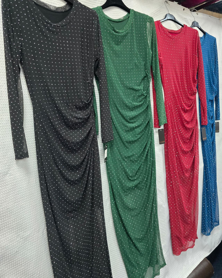 Stacey Mesh Diamante Stud Side Split Maxi Dress